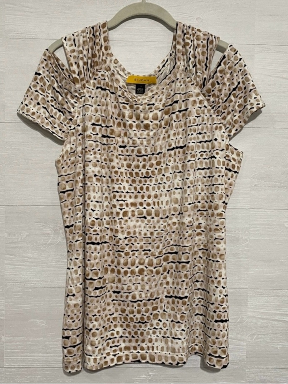 St John XL Cold Shoulder Top Animal Print Beige Brown Stretch Blouse Womens